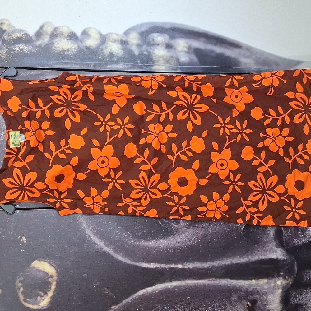 VINTAGE 60'S Ui-Maikai Brown & Orange Tropical  Sheath  Sun Dress. Size S.